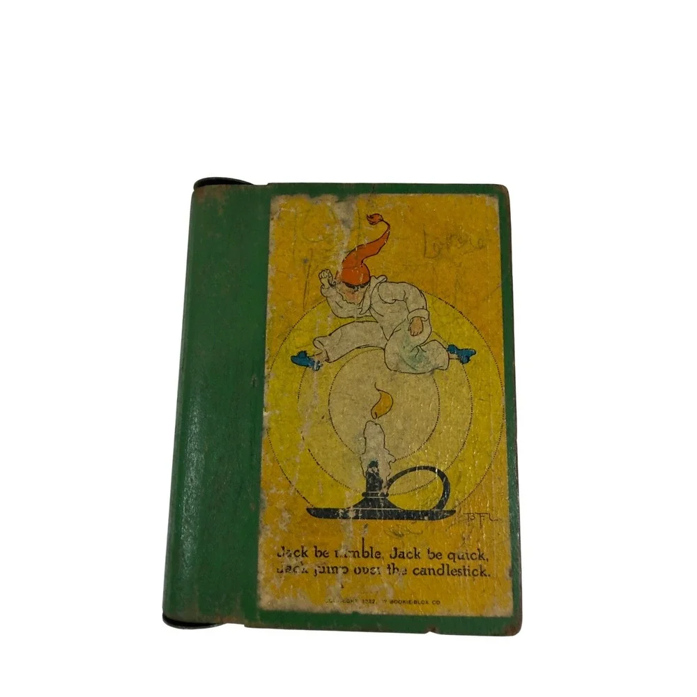 VTG Bookie-Blox Mother Goose Nursery Rhyme Wooden Block Book Green 1922